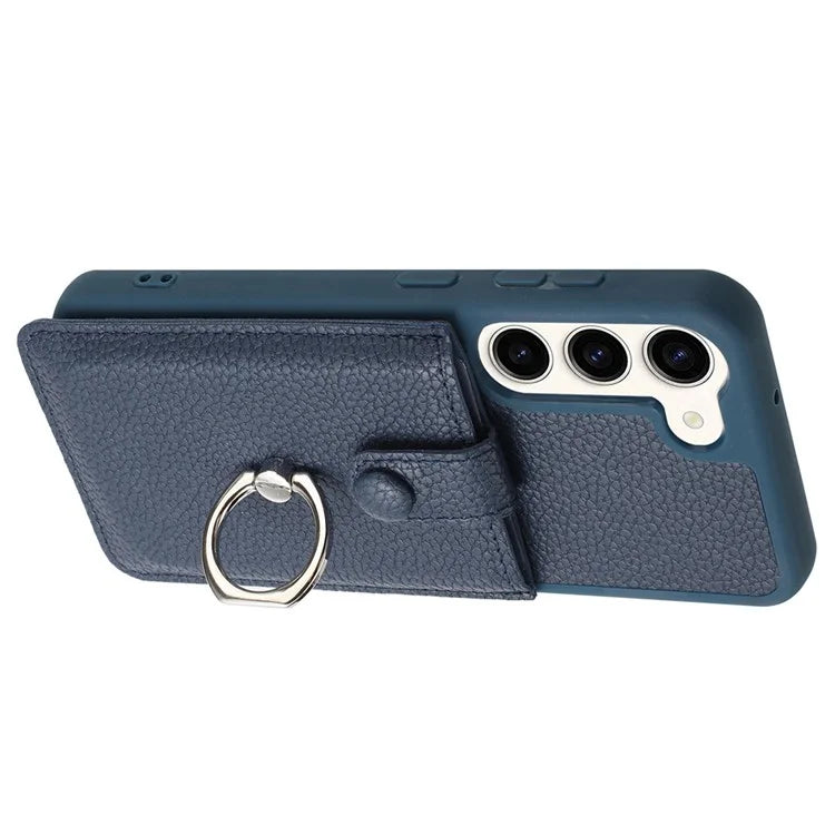 For Samsung Galaxy S23 Case Drawing Type Card Slots Litchi Texture Leather Back Cover with Ring Kickstand