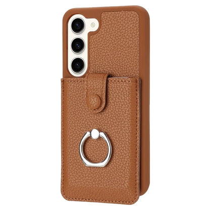 For Samsung Galaxy S23 Case Drawing Type Card Slots Litchi Texture Leather Back Cover with Ring Kickstand