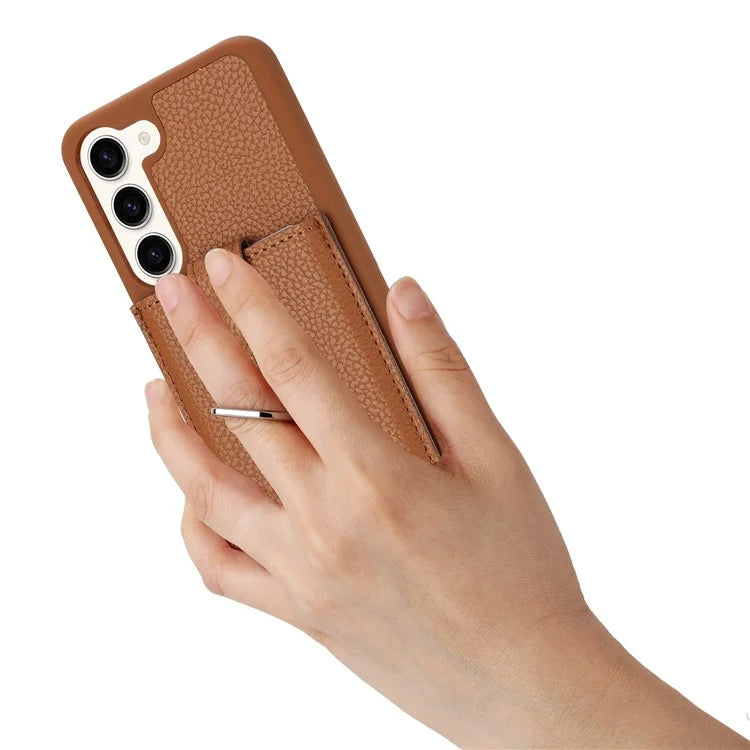 For Samsung Galaxy S23 Case Drawing Type Card Slots Litchi Texture Leather Back Cover with Ring Kickstand