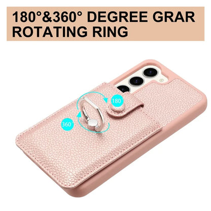 For Samsung Galaxy S23 Case Drawing Type Card Slots Litchi Texture Leather Back Cover with Ring Kickstand