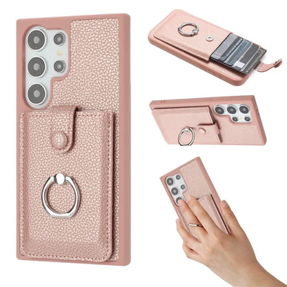 For Samsung Galaxy S24 Ultra Case Drawing Type Card Slots Litchi Texture Leather Back Cover with Ring Kickstand