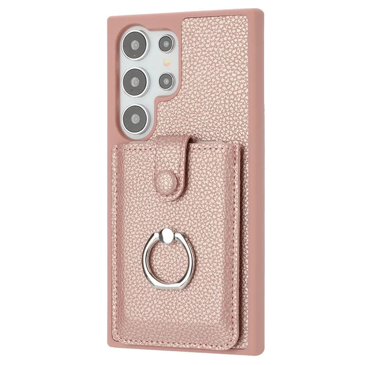 For Samsung Galaxy S24 Ultra Case Drawing Type Card Slots Litchi Texture Leather Back Cover with Ring Kickstand