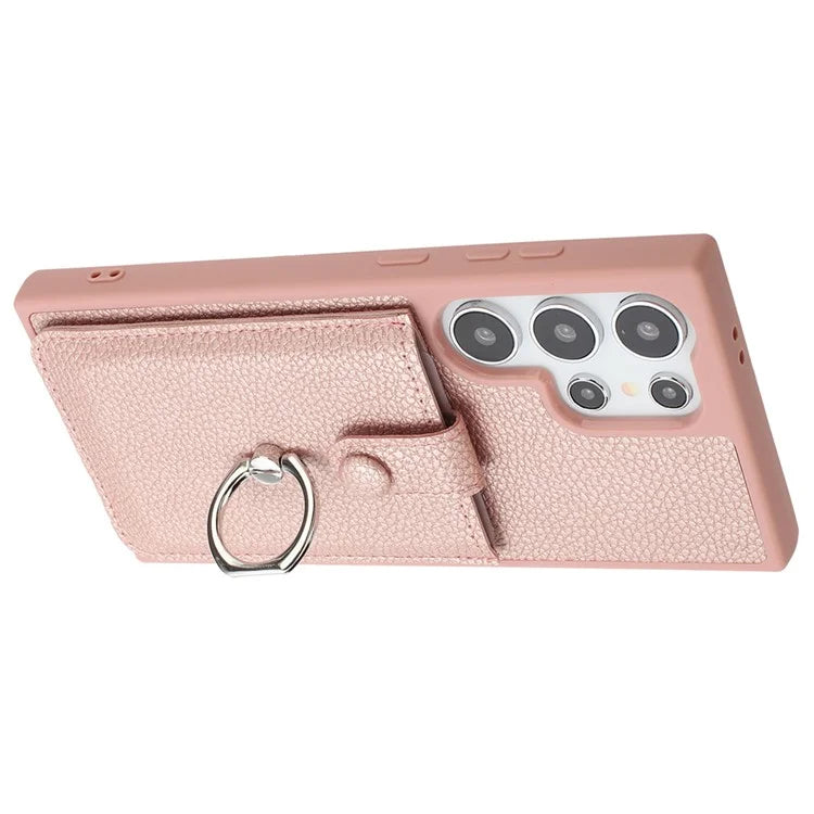 For Samsung Galaxy S24 Ultra Case Drawing Type Card Slots Litchi Texture Leather Back Cover with Ring Kickstand