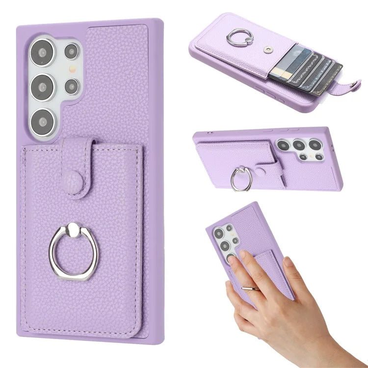 For Samsung Galaxy S24 Ultra Case Drawing Type Card Slots Litchi Texture Leather Back Cover with Ring Kickstand