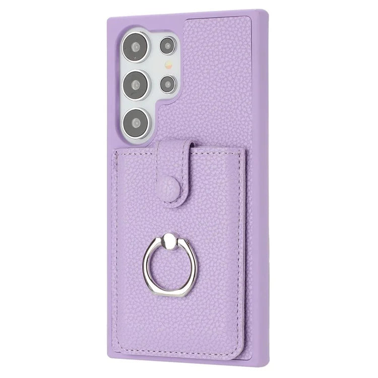 For Samsung Galaxy S24 Ultra Case Drawing Type Card Slots Litchi Texture Leather Back Cover with Ring Kickstand