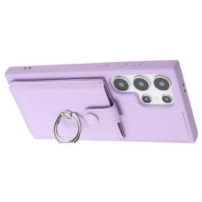 For Samsung Galaxy S24 Ultra Case Drawing Type Card Slots Litchi Texture Leather Back Cover with Ring Kickstand