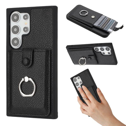 For Samsung Galaxy S24 Ultra Case Drawing Type Card Slots Litchi Texture Leather Back Cover with Ring Kickstand