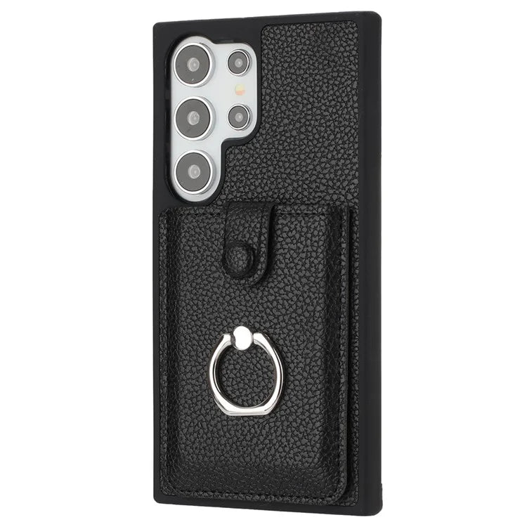 For Samsung Galaxy S24 Ultra Case Drawing Type Card Slots Litchi Texture Leather Back Cover with Ring Kickstand