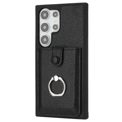 For Samsung Galaxy S24 Ultra Case Drawing Type Card Slots Litchi Texture Leather Back Cover with Ring Kickstand