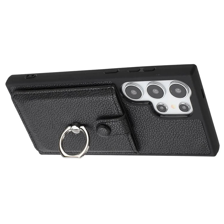 For Samsung Galaxy S24 Ultra Case Drawing Type Card Slots Litchi Texture Leather Back Cover with Ring Kickstand