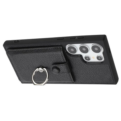 For Samsung Galaxy S24 Ultra Case Drawing Type Card Slots Litchi Texture Leather Back Cover with Ring Kickstand