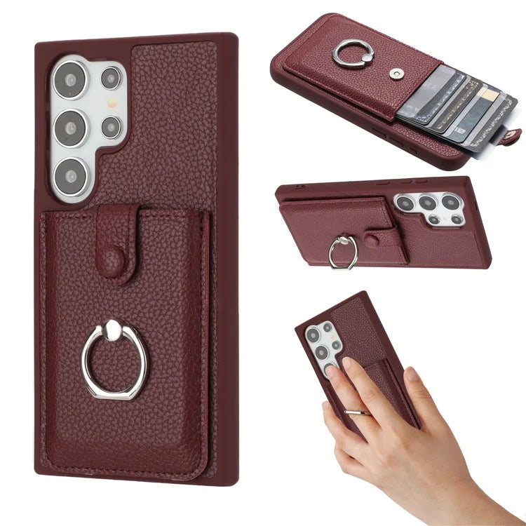 For Samsung Galaxy S24 Ultra Case Drawing Type Card Slots Litchi Texture Leather Back Cover with Ring Kickstand