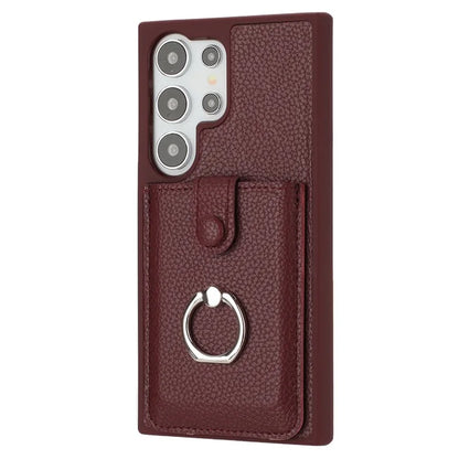 For Samsung Galaxy S24 Ultra Case Drawing Type Card Slots Litchi Texture Leather Back Cover with Ring Kickstand