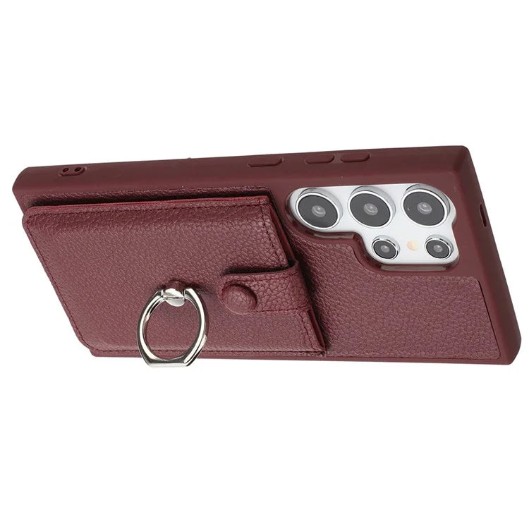 For Samsung Galaxy S24 Ultra Case Drawing Type Card Slots Litchi Texture Leather Back Cover with Ring Kickstand