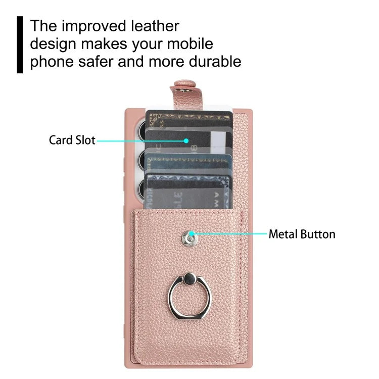 For Samsung Galaxy S24 Ultra Case Drawing Type Card Slots Litchi Texture Leather Back Cover with Ring Kickstand
