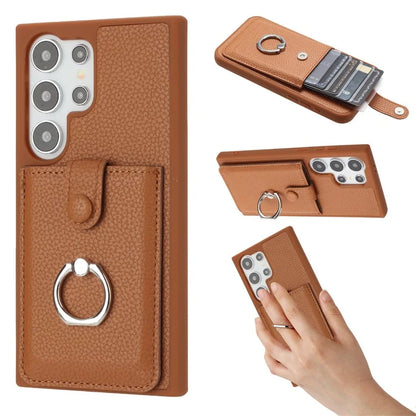 For Samsung Galaxy S24 Ultra Case Drawing Type Card Slots Litchi Texture Leather Back Cover with Ring Kickstand