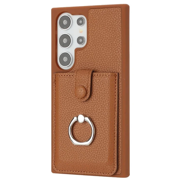 For Samsung Galaxy S24 Ultra Case Drawing Type Card Slots Litchi Texture Leather Back Cover with Ring Kickstand