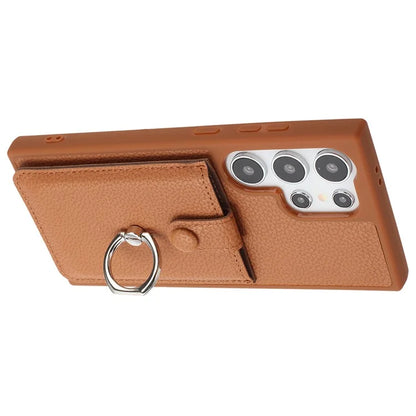 For Samsung Galaxy S24 Ultra Case Drawing Type Card Slots Litchi Texture Leather Back Cover with Ring Kickstand