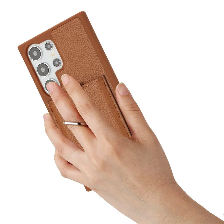 For Samsung Galaxy S24 Ultra Case Drawing Type Card Slots Litchi Texture Leather Back Cover with Ring Kickstand
