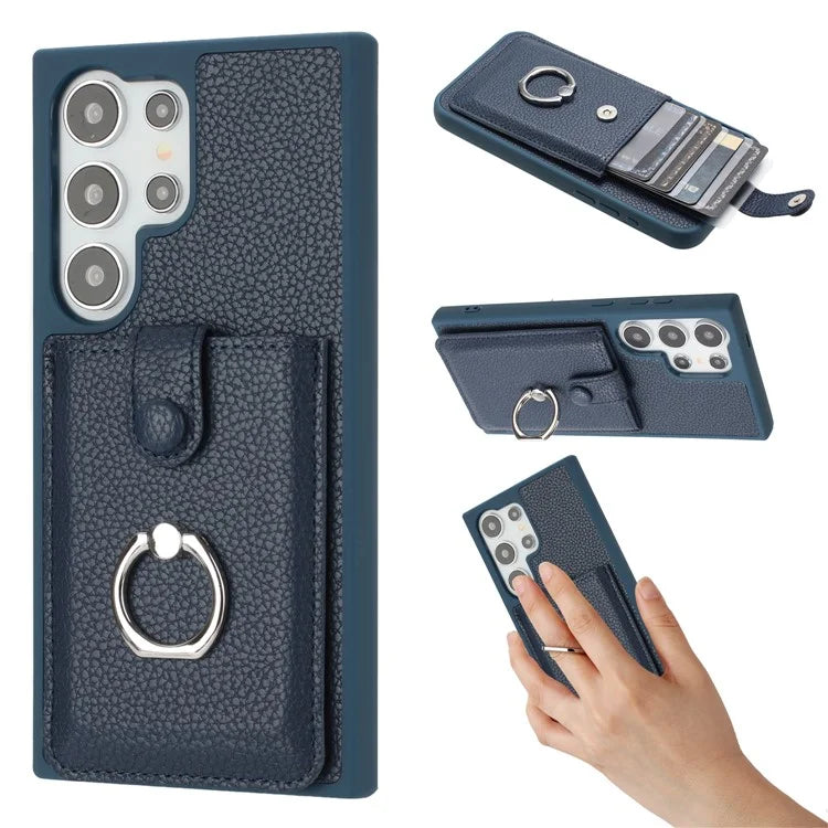 For Samsung Galaxy S24 Ultra Case Drawing Type Card Slots Litchi Texture Leather Back Cover with Ring Kickstand