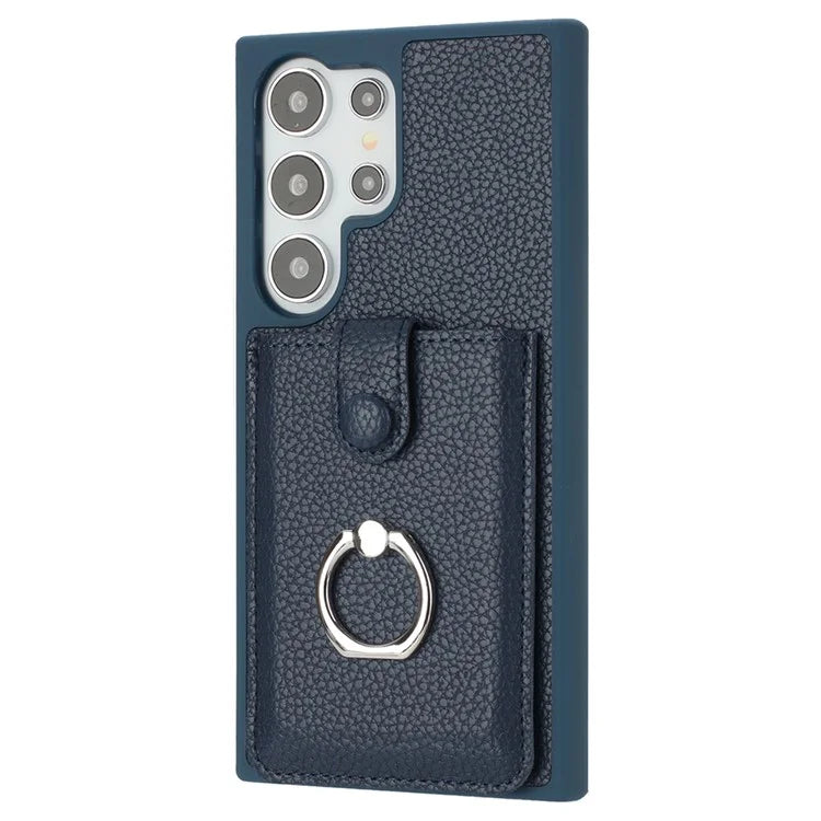 For Samsung Galaxy S24 Ultra Case Drawing Type Card Slots Litchi Texture Leather Back Cover with Ring Kickstand