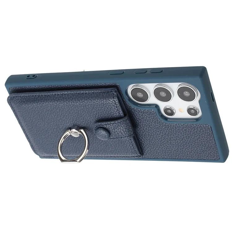 For Samsung Galaxy S24 Ultra Case Drawing Type Card Slots Litchi Texture Leather Back Cover with Ring Kickstand
