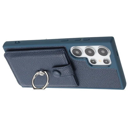 For Samsung Galaxy S24 Ultra Case Drawing Type Card Slots Litchi Texture Leather Back Cover with Ring Kickstand