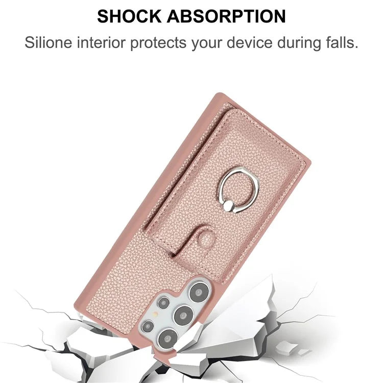 For Samsung Galaxy S24 Ultra Case Drawing Type Card Slots Litchi Texture Leather Back Cover with Ring Kickstand