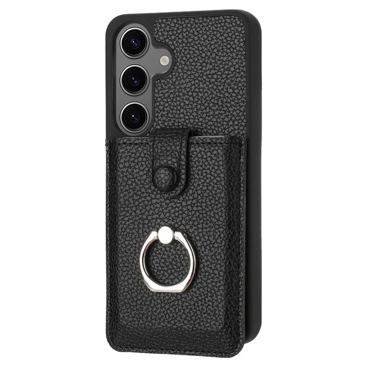 For Samsung Galaxy S24 Case Drawing Type Card Slots Litchi Texture Leather Back Cover with Ring Kickstand