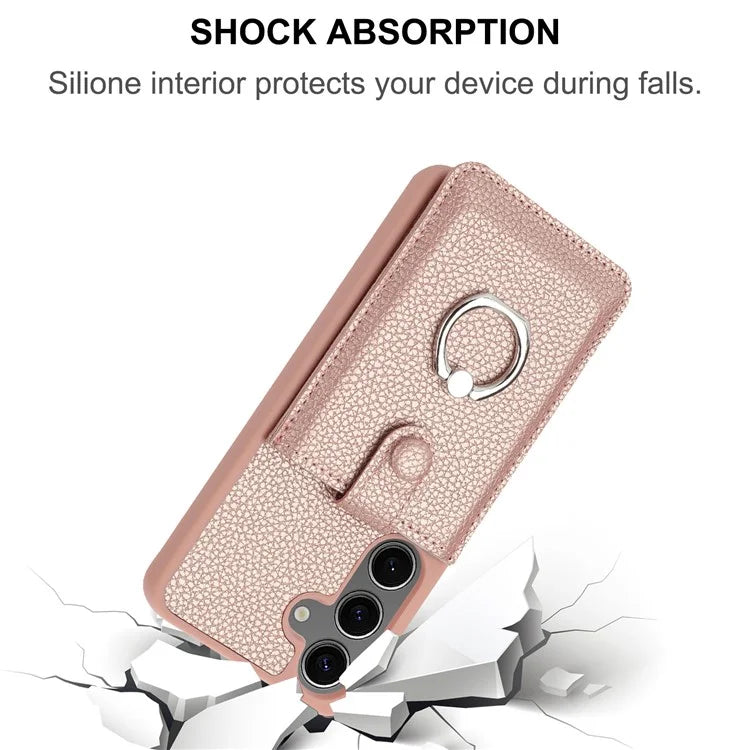 For Samsung Galaxy S24 Case Drawing Type Card Slots Litchi Texture Leather Back Cover with Ring Kickstand