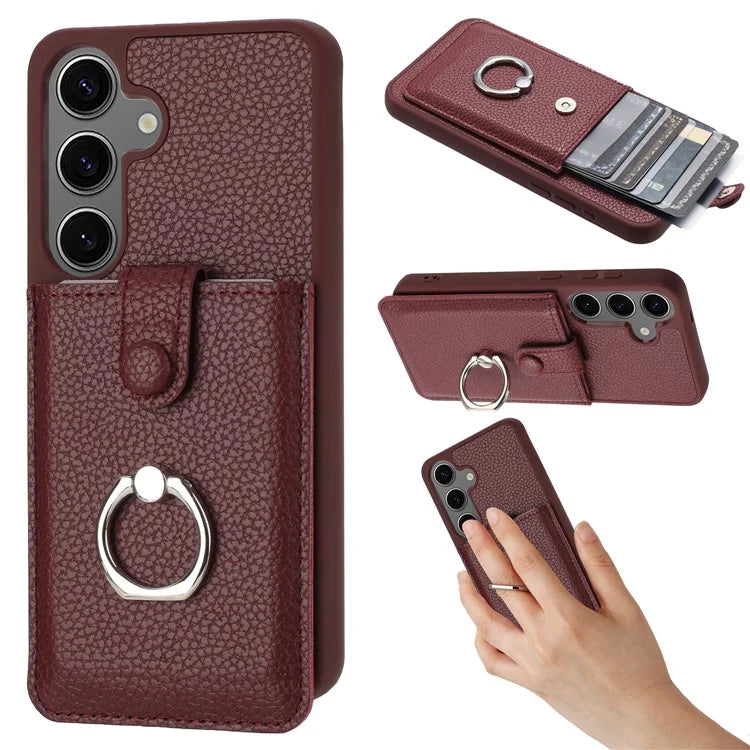 For Samsung Galaxy S24+ Case Drawing Type Card Slots Litchi Texture Leather Back Cover with Ring Kickstand