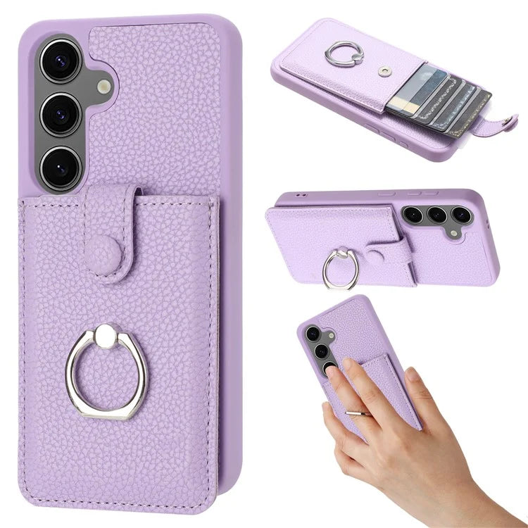 For Samsung Galaxy S24+ Case Drawing Type Card Slots Litchi Texture Leather Back Cover with Ring Kickstand