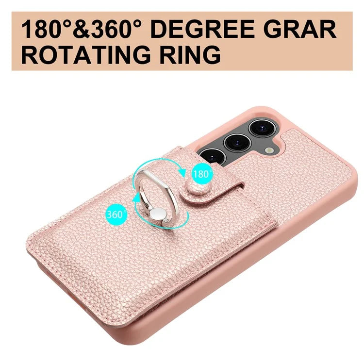 For Samsung Galaxy S24+ Case Drawing Type Card Slots Litchi Texture Leather Back Cover with Ring Kickstand