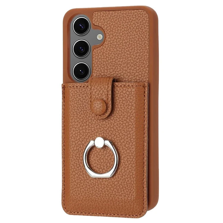 For Samsung Galaxy S24+ Case Drawing Type Card Slots Litchi Texture Leather Back Cover with Ring Kickstand