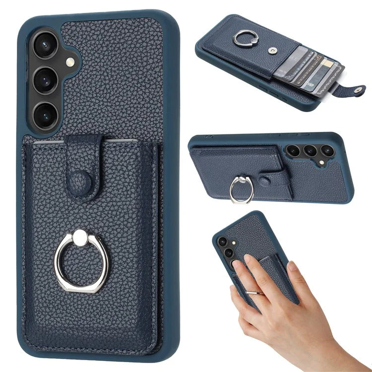 For Samsung Galaxy A55 5G Case Drawing Type Card Slots Litchi Texture Leather Back Cover with Ring Kickstand