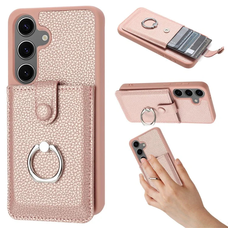 For Samsung Galaxy S24 FE Case Drawing Type Card Slots Litchi Texture Leather Back Cover with Ring Kickstand