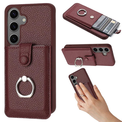 For Samsung Galaxy S24 FE Case Drawing Type Card Slots Litchi Texture Leather Back Cover with Ring Kickstand