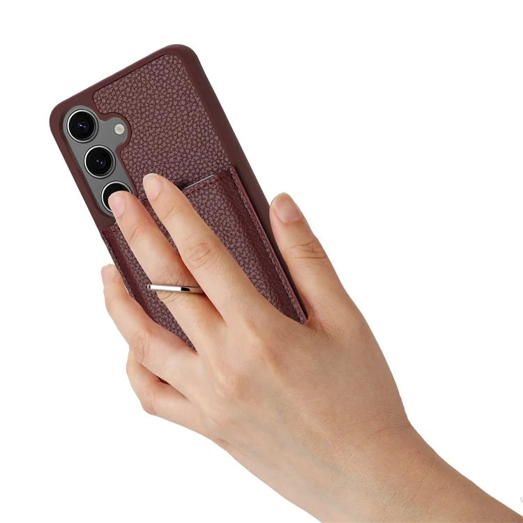 For Samsung Galaxy S24 FE Case Drawing Type Card Slots Litchi Texture Leather Back Cover with Ring Kickstand