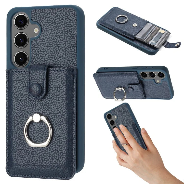 For Samsung Galaxy S24 FE Case Drawing Type Card Slots Litchi Texture Leather Back Cover with Ring Kickstand