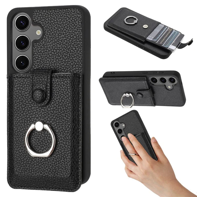 For Samsung Galaxy S24 FE Case Drawing Type Card Slots Litchi Texture Leather Back Cover with Ring Kickstand