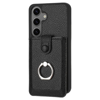 For Samsung Galaxy S24 FE Case Drawing Type Card Slots Litchi Texture Leather Back Cover with Ring Kickstand