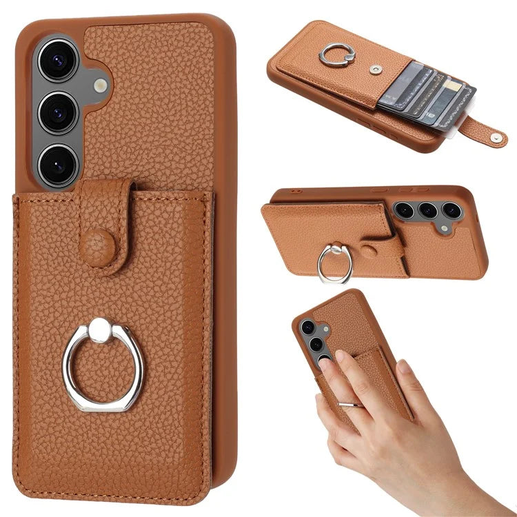For Samsung Galaxy S24 FE Case Drawing Type Card Slots Litchi Texture Leather Back Cover with Ring Kickstand