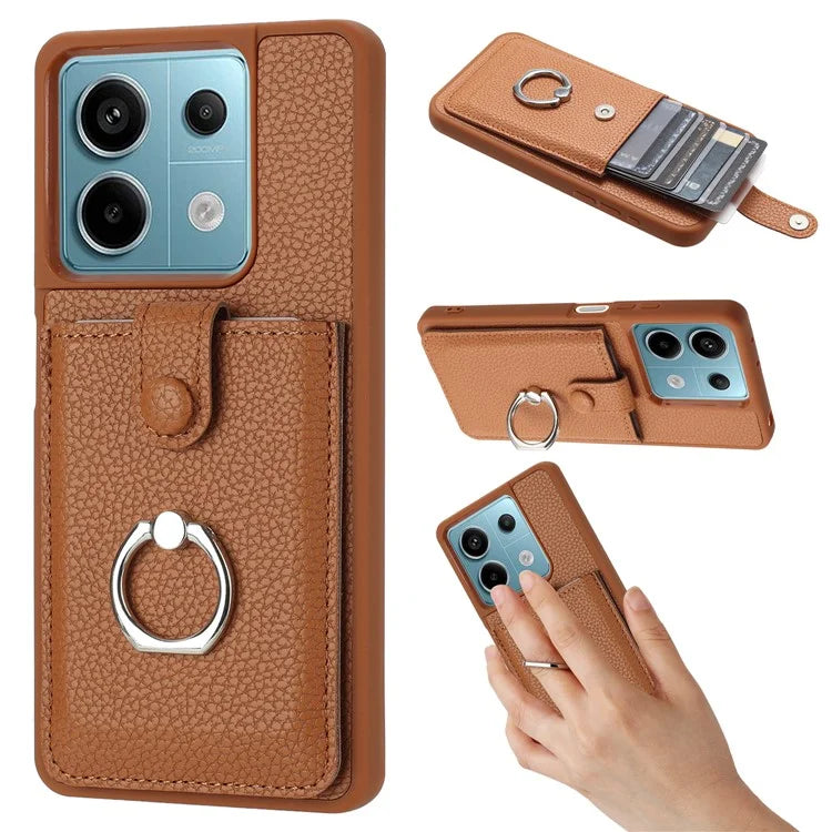 For Xiaomi Poco X6 5G / Redmi Note 13 Pro 5G Case Drawing Type Card Slots Litchi Texture Leather Back Cover with Ring Kickstand