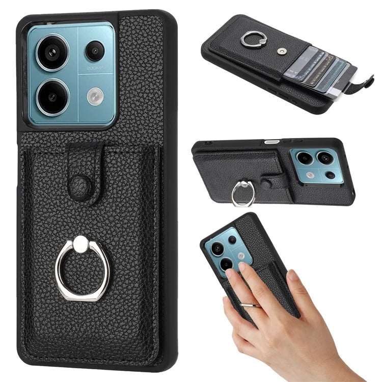 For Xiaomi Poco X6 5G / Redmi Note 13 Pro 5G Case Drawing Type Card Slots Litchi Texture Leather Back Cover with Ring Kickstand