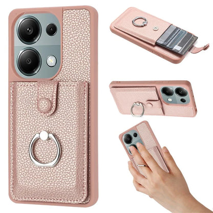 For Xiaomi Poco M6 Pro 4G / Redmi Note 13 Pro 4G Case Drawing Type Card Slots Litchi Texture Leather Back Cover with Ring Kickstand