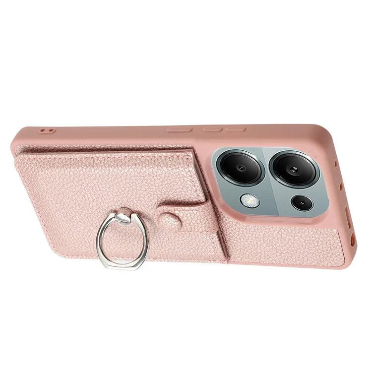 For Xiaomi Poco M6 Pro 4G / Redmi Note 13 Pro 4G Case Drawing Type Card Slots Litchi Texture Leather Back Cover with Ring Kickstand