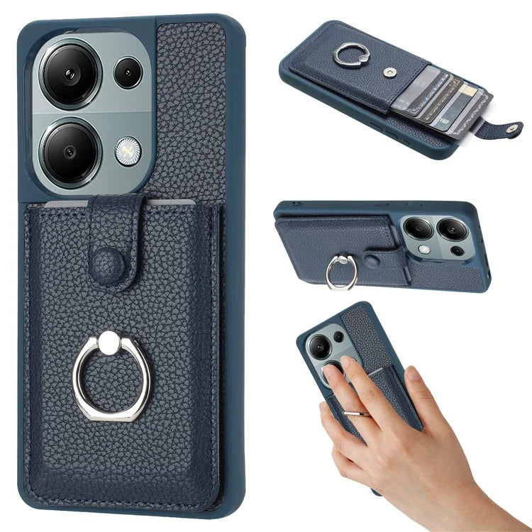 For Xiaomi Poco M6 Pro 4G / Redmi Note 13 Pro 4G Case Drawing Type Card Slots Litchi Texture Leather Back Cover with Ring Kickstand