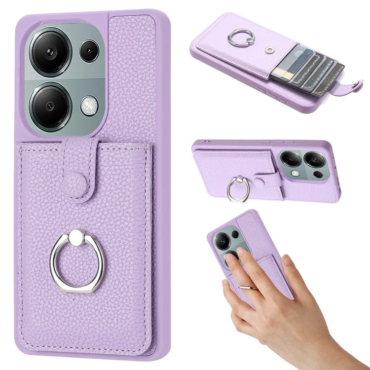 For Xiaomi Poco M6 Pro 4G / Redmi Note 13 Pro 4G Case Drawing Type Card Slots Litchi Texture Leather Back Cover with Ring Kickstand