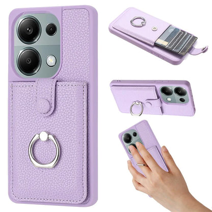For Xiaomi Poco M6 Pro 4G / Redmi Note 13 Pro 4G Case Drawing Type Card Slots Litchi Texture Leather Back Cover with Ring Kickstand