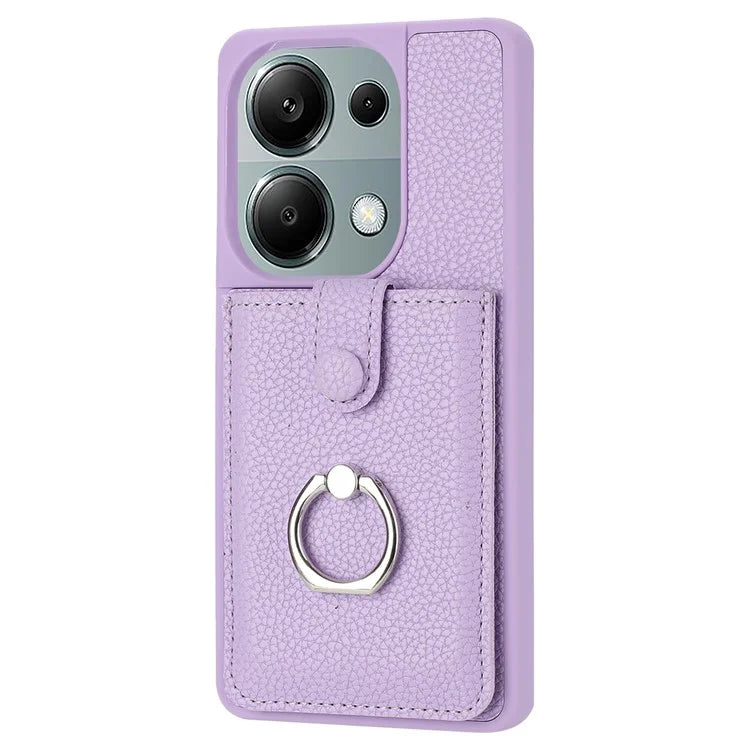 For Xiaomi Poco M6 Pro 4G / Redmi Note 13 Pro 4G Case Drawing Type Card Slots Litchi Texture Leather Back Cover with Ring Kickstand